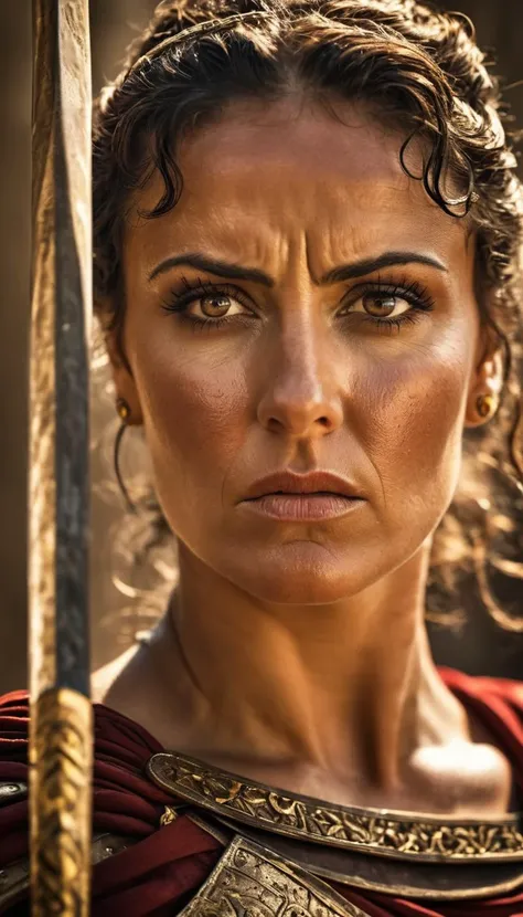 A close-up shot of a determined roman woman, sweat glistening on her chiseled features as she clenches her iconic spear, ready to face the Persian horde, dramatic lighting casting deep shadows on her determined face. Presented in the style of a Hollywood blockbuster with intense HDR lighting and a 35mm lens, capturing cinematic authenticity
