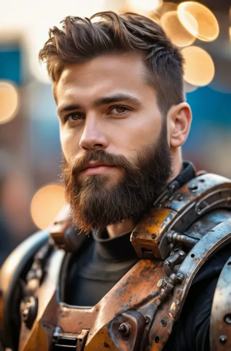 Portrait photo of muscular bearded guy in a worn mech suit, ((light bokeh)), intricate, (steel metal [rust]), elegant, sharp focus, photo by greg rutkowski, soft lighting, vibrant colors, (masterpiece), ((streets)), (detailed face:1.2),