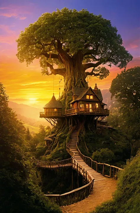 valley, fairytale treehouse village covered, , matte painting, highly detailed, dynamic lighting, cinematic, realism, realistic, photo real, sunset, detailed, high contrast, denoised, centered, michael whelan