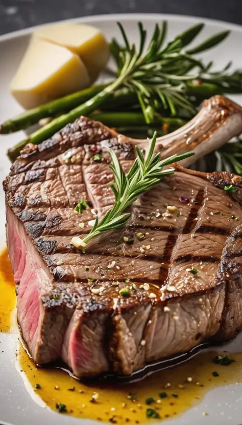 t-bone steak medium rare, garlic butter on top as a culinary dish, professional colour grading, soft shadows, no contrast, clean sharp focus, food photography