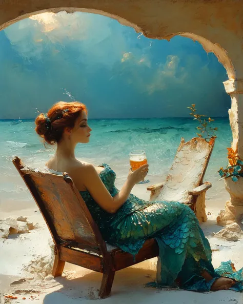 focus on a mermaid drinking beer in a lounge chair, blue water, white sand, chiaroscuro, frazetta, medium contrast, <lora:add-detail-xl:0.8>, <lora:Maxfield Parrish Style:1> Maxfield Parrish Style page