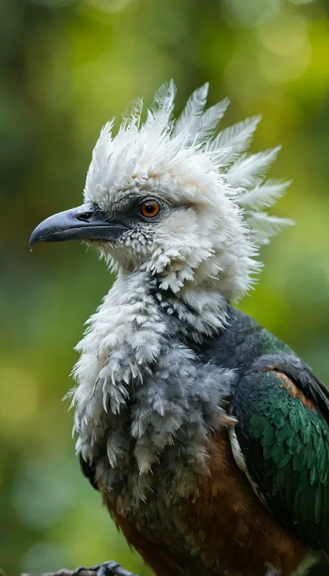 This is a close-up photograph of a bird's head. The bird has a fluffy white head with a prominent, sharp-edged beak. The feathers on the bird's head are dark, possibly black or dark gray, and they appear to be ruffled or ruffled. The background of the image is blurred, but it seems to be a natural setting with green foliage, suggesting that the bird is in a forest or a similar environment. There are no discernible texts or other objects in the image. The focus is solely on the bird's head, and the image does not provide any additional context or information about the bird's species or location.