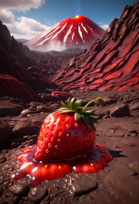 detailed realistic close up of a strawberry shaped like a volcano, natural light, In the heart of a volcanic landscape, our fearless explorer finds themselves amidst a scene of impending chaos. Molten strawberry jam cascades down the mountainside, casting an sticky red jam across the rocky terrain. With sugar and vapor blowing into the sky, the adventurer races against time, navigating treacherous paths strewn with debris as sugary explosions erupt around them, painting the scene with bursts of intense jam and sugar. 
many details, extreme detailed, full of details,
Wide range of colors.
Many details everywhere.  soft shadows. Low saturation colors. Insane quality. Insane resolution. Insane details. Masterpiece. 32k resolution.
Dramatic,Dynamic,Cinematic,Sharp details
 <lora:add-detail-xl:1>