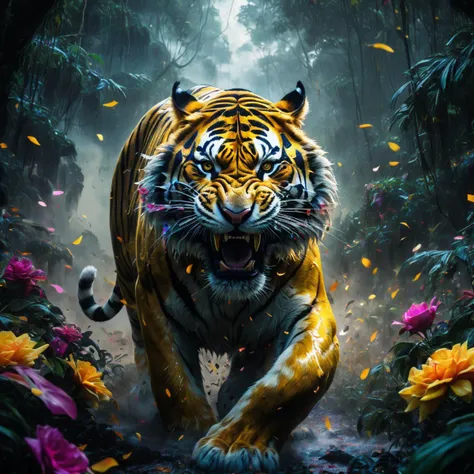 detailed focus of a ferocious tiger in the jungle running to the viewer, in a massive cloud of colored petals, in the style of realistic genre scenes, james nares, epic fantasy scenes, sumatraism, Enchanted Masterpiece, Fantasycore, Award-Winning Masterpiece