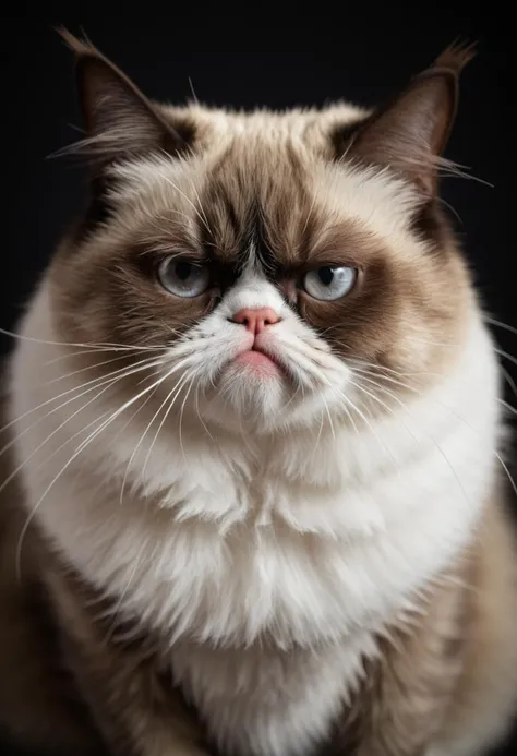 realistic photo of a grumpy cat, shot with a Fujifilm GFX 100S, 120mm f/4 Macro lens, f/16 aperture, 1/125 sec shutter speed, ISO 400. focus on the fluffy fur fabric's fibers, puffy tail, soft natural lighting, creating a nostalgic and timeless feel. masterpiece, high resolution detail, studio photo quality,