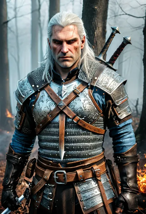 This is a highly detailed digital artwork depicting a character from the video game "The Witcher 3: Wild Hunt." The central figure is Geralt of Rivia, a white-haired, muscular, and stern-looking man with a rugged, weathered face and piercing blue eyes. He is dressed in a medieval-style armor consisting of a dark, metallic breastplate with intricate patterns, a chain mail shirt, and leather straps crisscrossing his chest. The armor is detailed with small, decorative studs and buckles, adding to its realism. Over his shoulders, he carries two swords, one with a silver blade and the other with a black blade, both with ornate hilts.,
In his right hand, he holds a sword, and in his left, he grips a yellowed parchment, possibly a map or contract. The background is a foggy, misty forest, with leafless trees and a muted, overcast sky, giving the scene a somber, eerie atmosphere. Small, glowing embers float around him, suggesting a recent fire or battle. The textures of the armor, leather, and fabric are meticulously rendered, emphasizing the character's strength and readiness for battle. This image captures the essence of the character's ruggedness and preparedness, set against, <lora:add-detail-xl:1.5>, <lora:xl_more_art-full_v1:0.8>, ultra quality, ultra detailed