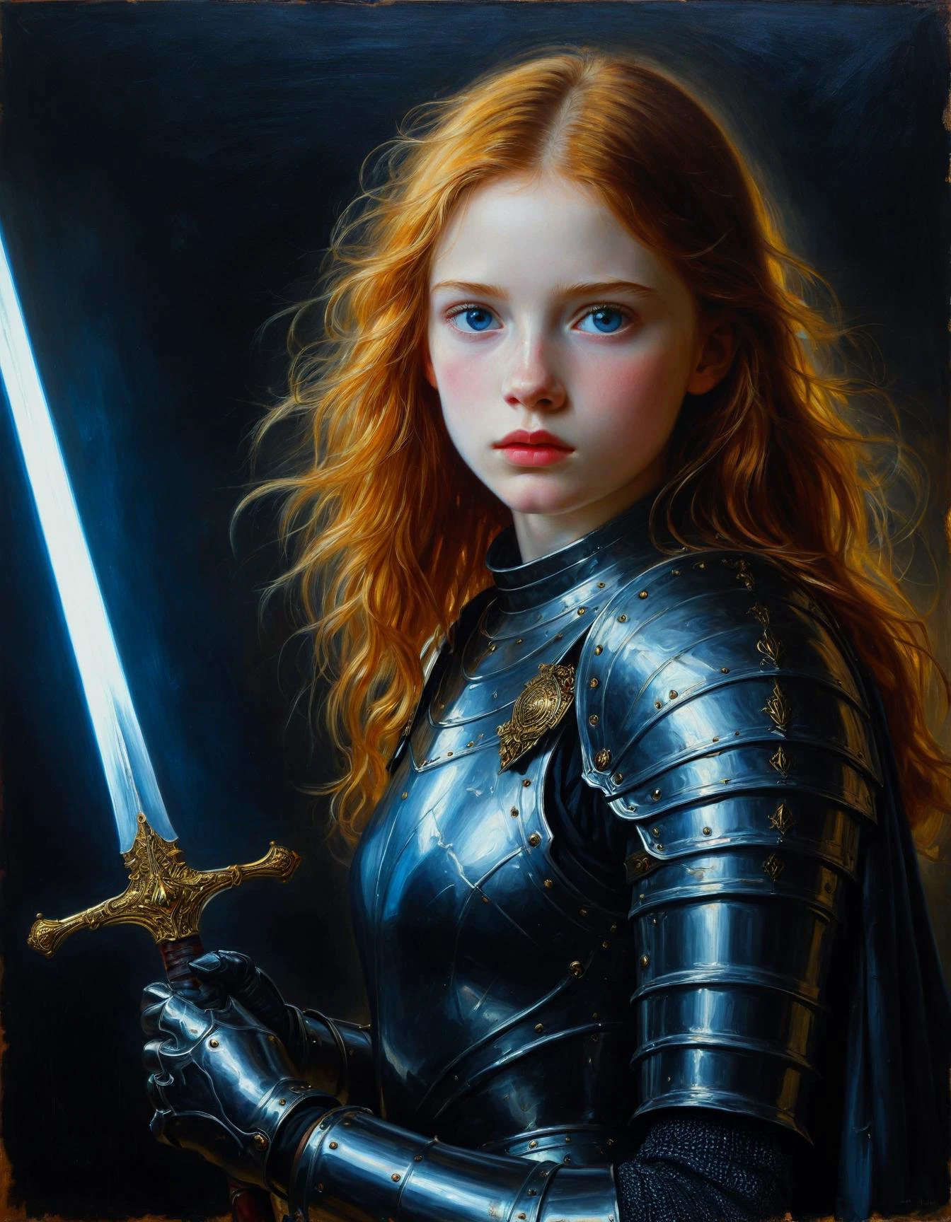 Minimalist painting of a princess wearing a black and gold plate mail armor by Albert Lynch, Abbott Handerson Thayer, close portrait, highly detail, best quality, Sword and shield, glowing, innocent, serene, oil painting, white skin, pale skin, blue eyes, long flowing red hair, ultra detailed, romantic, Rembrandt lighting, brush strokes