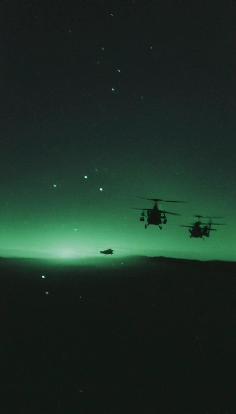 a very blurry, grainy and low resolution night vision scene with a dark green hue, old digital camera style, helicopters, intense motion blur, old analog photo, long exposure, glowing night vision, depicting a shadowy figures of soldiers in full tactical gear are running. motion blur. In the desert. Night time with a starry dark sky. The entire scene should have a blurry, grainy, low-resolution appearance of degraded night vision footage, with indistinct details and a motion blur to enhance the feeling of covert operations in a tense, secretive atmosphere. motion blur, film grain, low res, digital noise, night vision style, motion blur, helicopters, long exposure, low light <lora:- SDXL - vanta-black_contrast_V3.0:0.5> <lora:soaked_brand_pee:0.8>