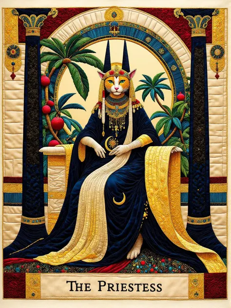 Tarot Major Arcana card of The High Priestess. There is text "II" at the top and text "The Priestess" at the bottom. A female anthropomorphic cat dressed as a priestess is sitting between an obsidian pillar and an alabaster pillar. She is holding a scroll and wearing a horned headdress. There is a golden crescent at her feet. Behind her in the background there are palm leaves and pomegranates. <lora:midjourney_whisper_chromaplex_v1:0.9> <lora:Embroidered_Quilting_Flux:0.9>