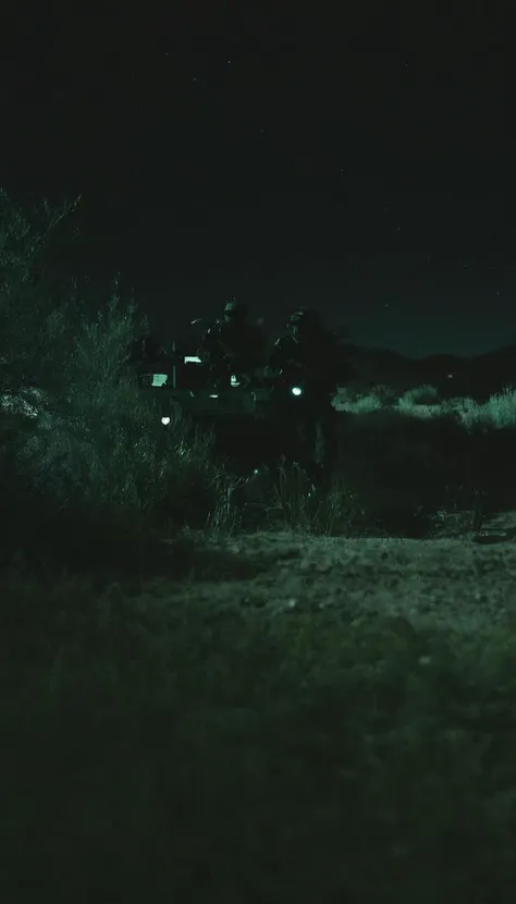 a very blurry, grainy and low resolution night vision scene with a dark green hue, close up angle, old digital camera style,intense motion blur, old analog photo, long exposure, glowing night vision, depicting a shadowy figures of soldiers in full tactical gear are running. motion blur. In the desert. Night time with a starry dark sky. The entire scene should have a blurry, grainy, low-resolution appearance of degraded night vision footage, with indistinct details and a motion blur to enhance the feeling of covert operations in a tense, secretive atmosphere. motion blur, film grain, low res, digital noise, military vehicles, black helicopter, night vision style, motion blur, helicopters, long exposure, low light <lora:- SDXL - vanta-black_contrast_V3.0:0.5> <lora:soaked_brand_pee:0.5> <lora:SimplePositive_XL_v1_AutoRunMech:0.8>