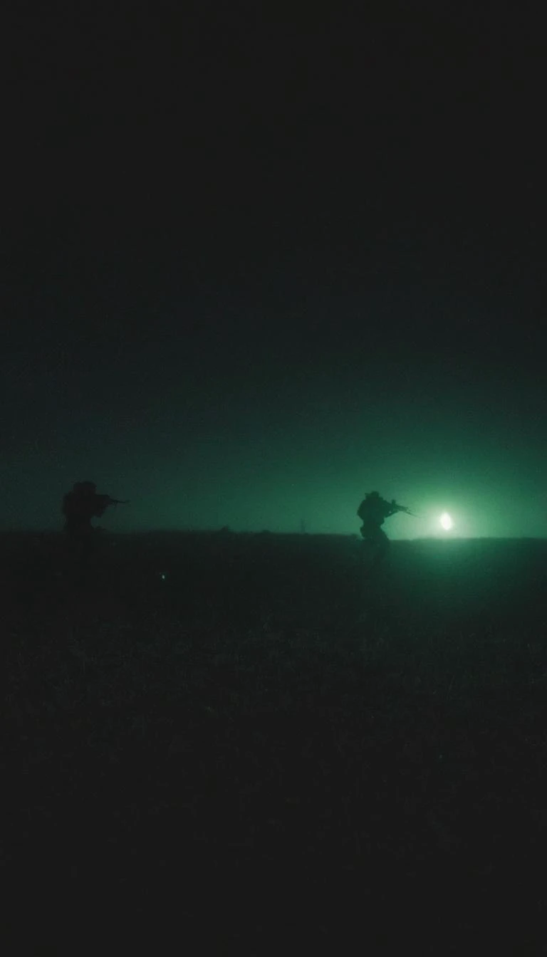 a very blurry, grainy and low resolution night vision scene with a dark green hue, close up angle, old digital camera style,intense motion blur, old analog photo, long exposure, glowing night vision, depicting a shadowy figures of soldiers in full tactical gear are running. motion blur. In the desert. Night time with a starry dark sky. The entire scene should have a blurry, grainy, low-resolution appearance of degraded night vision footage, with indistinct details and a motion blur to enhance the feeling of covert operations in a tense, secretive atmosphere. motion blur, film grain, low res, digital noise, military vehicles, black helicopter, night vision style, motion blur, helicopters, long exposure, low light <lora:- SDXL - vanta-black_contrast_V3.0:0.5> <lora:soaked_brand_pee:0.5>