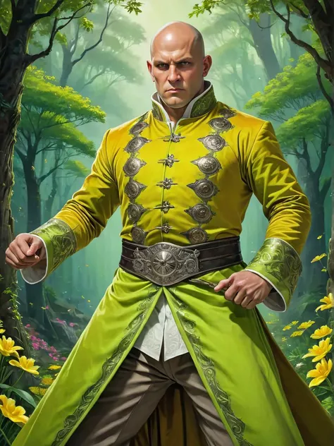 (Divisive Digital Artwork:1.3) of (Visual novel:1.3),(Evil:1.3) Lime Green, clockwork,meek,potent,interesting, Impasto of Monk Focusing their mind and body to unleash a flurry of devastating blows with fists and feet, Sheikh, Average Height, Chubby, Round Face, Tan Skin, Gray Hair, Amber Eyes, Long Nose, Pouty Lips, Sharp Chin, Garibaldi, Shoulder-length, Bald, An enchanted meadow, with colorful flowers and magical creatures roaming free in a Buttercup yellow Velvet doublet with padded shoulders and silver buttons bridgeless bra, Butterscotch hair extremely detailed, fantasy art, medieval, intricate, high quality, HD, masterpiece, best quality, hyper detailed, ultra detailed, super realistic, perfect face, perfect hands, illustration, mosaic lonesome Escarpment delightful weather <lora:Saturated_Landscape_XL-KK:1> xl_kk,(by Artist John Philip Falter:1.3),CGSociety,ArtStation,(Arts and Crafts Movement:1.3),(Pastel Colors:1.3)