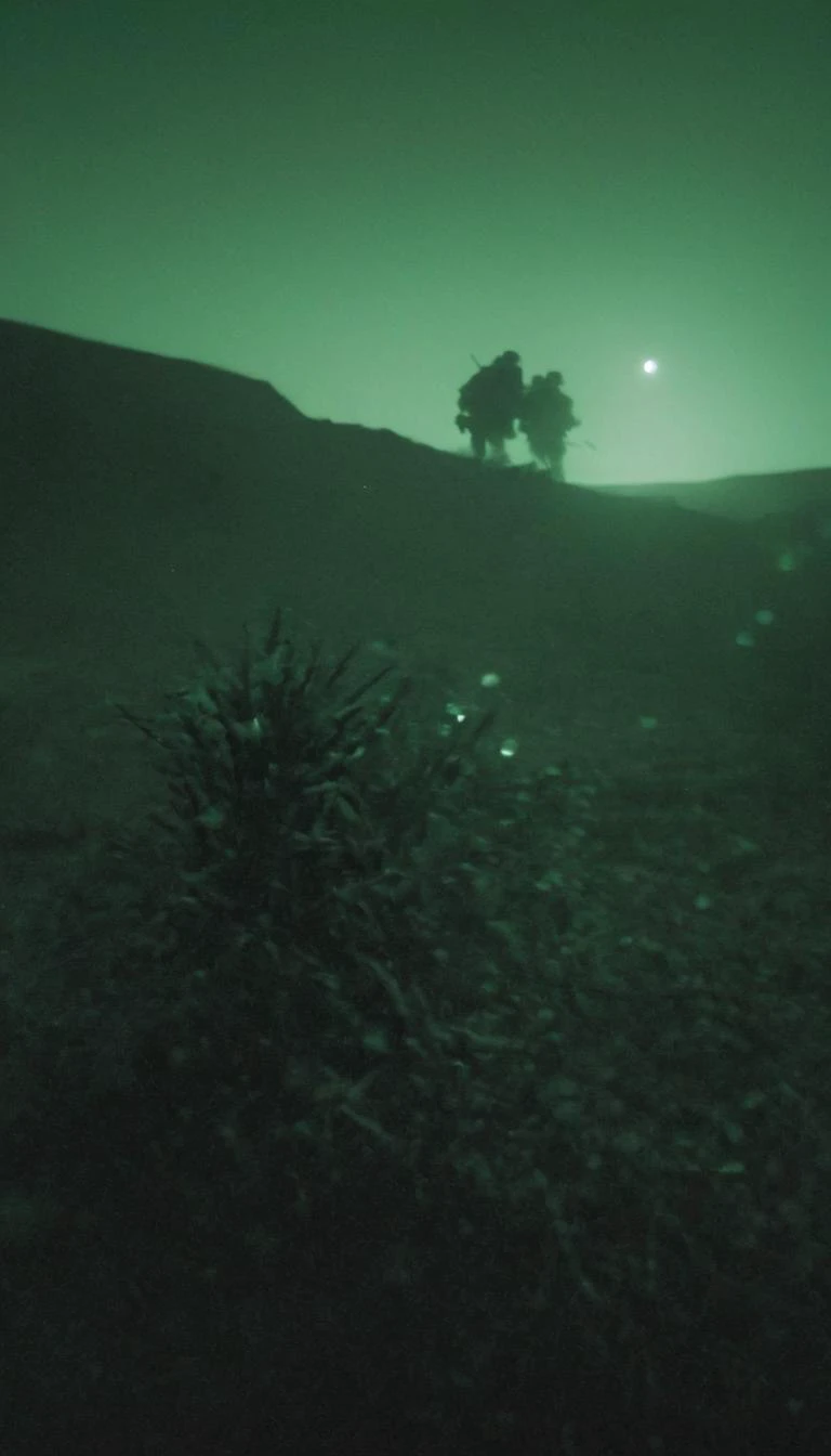 a very blurry, grainy and low resolution night vision scene with a dark green hue, close up angle old digital camera style,intense motion blur, old analog photo, long exposure, glowing night vision, depicting a shadowy figures of soldiers in full tactical gear are running. motion blur. In the desert. Night time with a starry dark sky. The entire scene should have a blurry, grainy, low-resolution appearance of degraded night vision footage, with indistinct details and a motion blur to enhance the feeling of covert operations in a tense, secretive atmosphere. motion blur, film grain, low res, digital noise, night vision style, motion blur, helicopters, long exposure, low light <lora:- SDXL - vanta-black_contrast_V3.0:0.5> <lora:soaked_brand_pee:0.8>