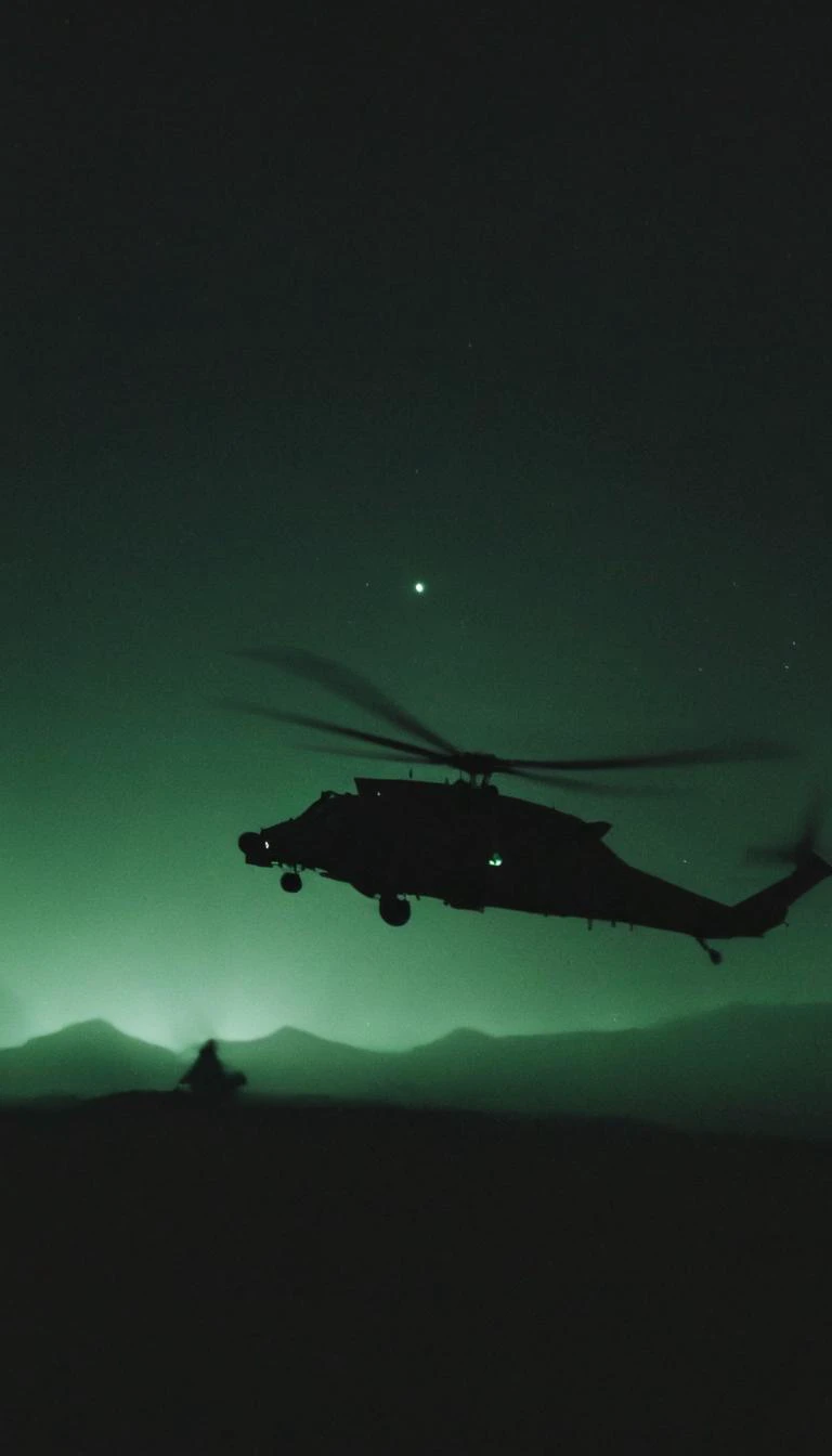 a very blurry, grainy and low resolution night vision scene with a dark green hue, close up angle old digital camera style, military vehicles, black helicopter, intense motion blur, old analog photo, long exposure, glowing night vision, depicting a shadowy figures of soldiers in full tactical gear are running. motion blur. In the desert. Night time with a starry dark sky. The entire scene should have a blurry, grainy, low-resolution appearance of degraded night vision footage, with indistinct details and a motion blur to enhance the feeling of covert operations in a tense, secretive atmosphere. motion blur, film grain, low res, digital noise, night vision style, motion blur, helicopters, long exposure, low light <lora:- SDXL - vanta-black_contrast_V3.0:0.5> <lora:soaked_brand_pee:0.8>