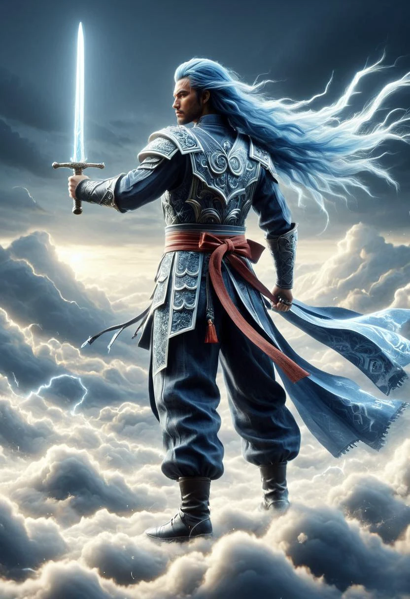 (masterpiece), (best quality), Susano'o has the appearance of a tall and mighty God. He has long blue hair with a few white strands in front and thick cloud-shaped eyebrows. He wears a huge pauldron on his left shoulder with cloud-shaped patterns, with a long wrist guard on his left arm, while on his right arm he wears a vambrace that reaches up to his hand. On the upper part of his body he wears a kimono with a single long sleeve on the left arm, held up by a belt with a huge lace closed in the shape of a bow. He wears long trousers that cover almost all of his feet and high-tech geta. When he is not fighting, he always carries his sword wrapped in bandages and keeps it resting on his right shoulder, holding it with the aforementioned hand. <lora:ElementWindSDXL:0.55> ElementWind <lora:Lightning_SDXL:0.55> mad-lgthng, lightning <lora:Above_the_Clouds_SDXL:0.55> mad-abvthclds, clouds, masterful composition, dynamic volumetric lighting, realistic ray_tracing, reflection, hyperrealistic, shallow depth of field, f/2.4, bokeh,