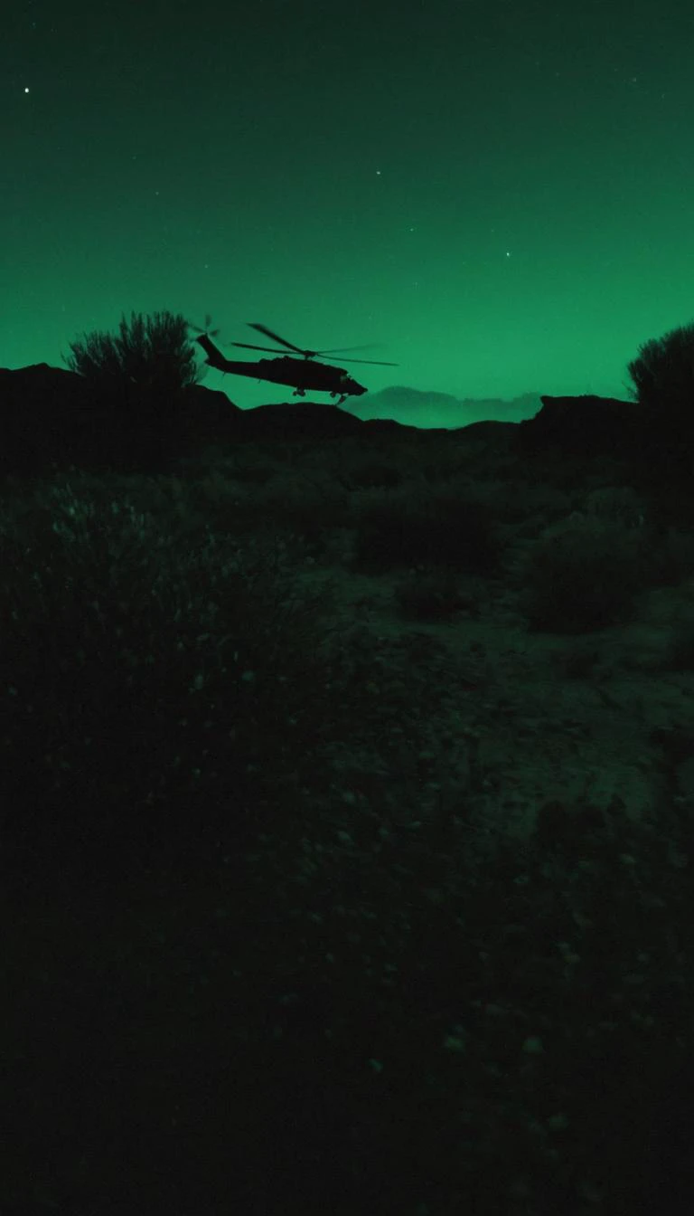 a very blurry, grainy and low resolution night vision scene with a dark green hue, close up angle, old digital camera style,intense motion blur, old analog photo, long exposure, glowing night vision, depicting a shadowy figures of soldiers in full tactical gear are running. motion blur. In the desert. Night time with a starry dark sky. The entire scene should have a blurry, grainy, low-resolution appearance of degraded night vision footage, with indistinct details and a motion blur to enhance the feeling of covert operations in a tense, secretive atmosphere. motion blur, film grain, low res, digital noise, military vehicles, black helicopter, night vision style, motion blur, helicopters, long exposure, low light <lora:- SDXL - vanta-black_contrast_V3.0:0.5> <lora:soaked_brand_pee:0.5> <lora:SimplePositive_XL_v1_AutoRunMech:0.8>