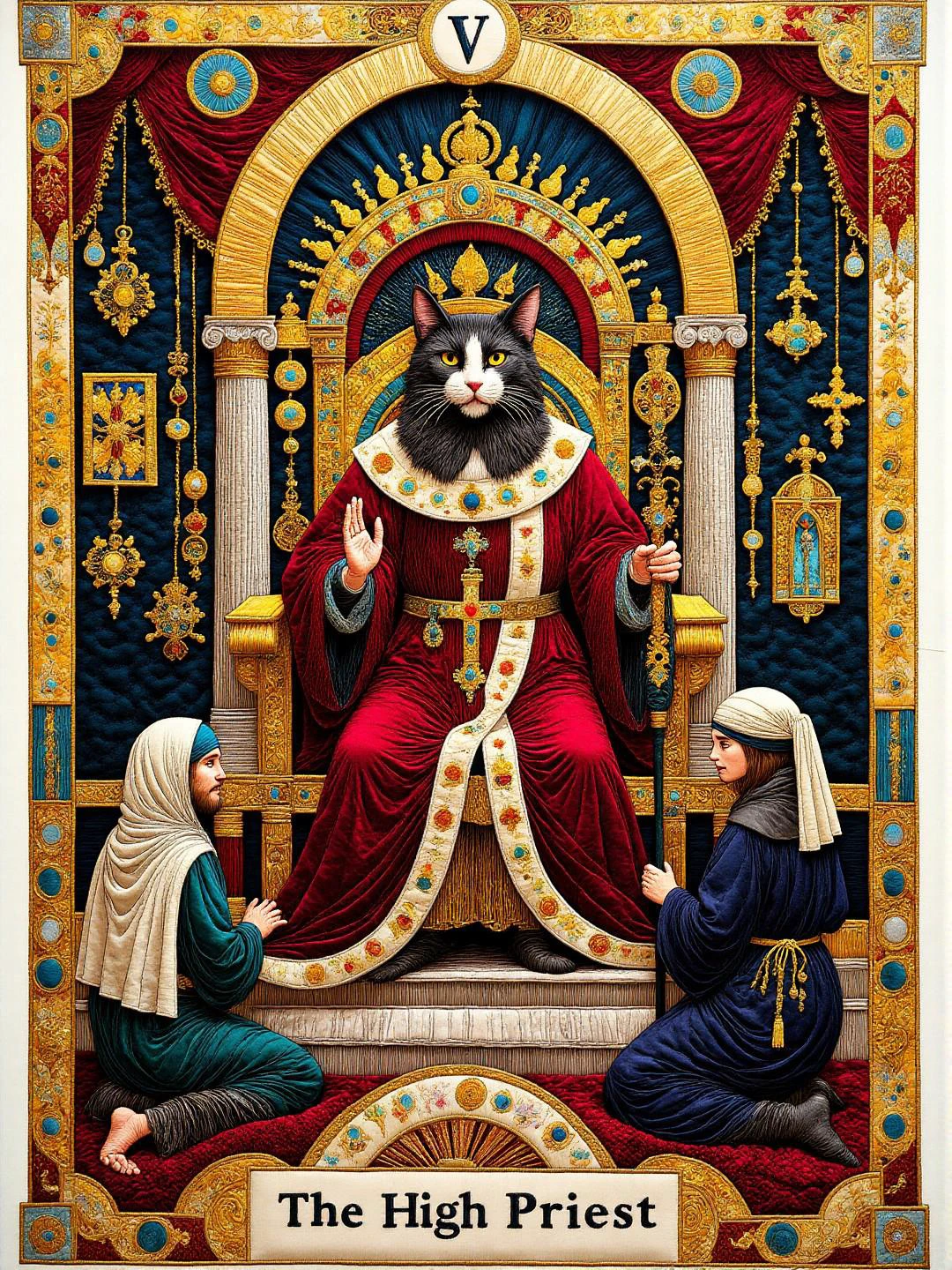 Tarot Major Arcana card of The High Priest. There is text "V" at the top and text "The High Priest" at the bottom. A male anthropomorphic cat dressed as a high priest sits on a throne between two pillars in a temple. His robes are red and are edged in white. He wears an ornate golden crown. One hand is raised in benediction and the other is holding a staff surmounted by a triple cross. There are two crossed keys at his feet. Two monks kneel before him. <lora:midjourney_whisper_chromaplex_v1:0.9> <lora:Embroidered_Quilting_Flux:0.9>