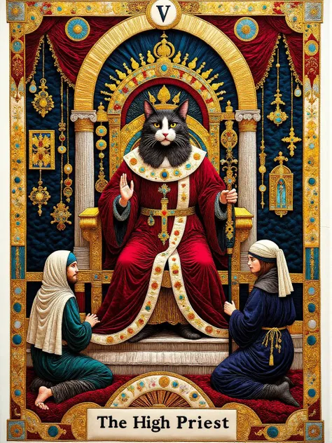 Tarot Major Arcana card of The High Priest. There is text "V" at the top and text "The High Priest" at the bottom. A male anthropomorphic cat dressed as a high priest sits on a throne between two pillars in a temple. His robes are red and are edged in white. He wears an ornate golden crown. One hand is raised in benediction and the other is holding a staff surmounted by a triple cross. There are two crossed keys at his feet. Two monks kneel before him. <lora:midjourney_whisper_chromaplex_v1:0.9> <lora:Embroidered_Quilting_Flux:0.9>