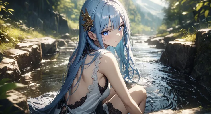 cinematic,(masterpiece),(best quality),(ultra-detailed),very aesthetic,perfect composition,intricate details,absurdres,detailed face,(anime, masterpiece, intricate:1.3),(best quality, hires textures, high detail:1.2),realistic,masterpiece,best quality,ultra detailed,high quality,high res,high saturation,depth of field,high res,4K,8,well drawn,high detailed clothes,a girl sitting in a river,light blue hair,very long hair,pale_skin,unbuttoned clothes,straight hair,light blue eyes,sleeveless dress,backless dress,tight,hair ornament,arm_support,knee_up,(depth of field:1.2),looking_at_viewer,from_back,outdoors,landscape,river,luxy leaf,Cinematic Lighting,<lora:perfect-eyes>,