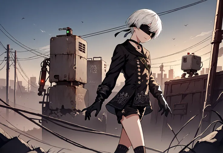 (looking at viwer:2), ( front view:2),(best quality, masterpiece), (realistic, photorealistic), lifelike rendering,subtle facial expressions,(photorealistic),
1boy, scenery, factory_ruins, rubble, cable, pillar,(standing on top of a building:1.2),ttruins, wide shot,
yorha_no._9_type_s, gloves, choker, boots, white_hair, black_gloves, weapon, black_choker, covered_eyes, long_sleeves, mole_under_mouth, short_hair
 <lora:zoom_slider_v1:-5>  <lora:lore_cyw_9S_v2:0.5>  <lora:age_v2:-4> <lora:test:1>