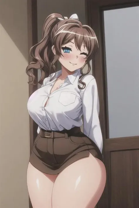 showing her armpits, very tempting pose, (naked), (semi rimless eyewear), (bedroom background), ((potrait body)), (cowboy shot), (focus on her face), sigui, oda non style, anime cels style, smiling, long hair, pony tail, brown hair, green eyes, 1 girl, 30yo,Young female,Beautiful Finger,Beautiful long legs,Beautiful body, Beautiful Nose,Beautiful character design, perfect eyes, perfect face,expressive eyes, perfect balance, looking at viewer, official art,extremely detailed CG unity 8k wallpaper, perfect lighting,Colorful, Bright_Front_face_Lighting,White skin, (masterpiece:1.0),(best_quality:1.0), ultra high res,4K,ultra-detailed, photography, 8K, HDR, highres, absurdres:1.2, Kodak portra 400, film grain, blurry background, bokeh:1.2, lens flare, (vibrant_color:1.2),professional photograph, (Beautiful,huge_Breasts:1.4), (beautiful_face:1.5),(narrow_waist)