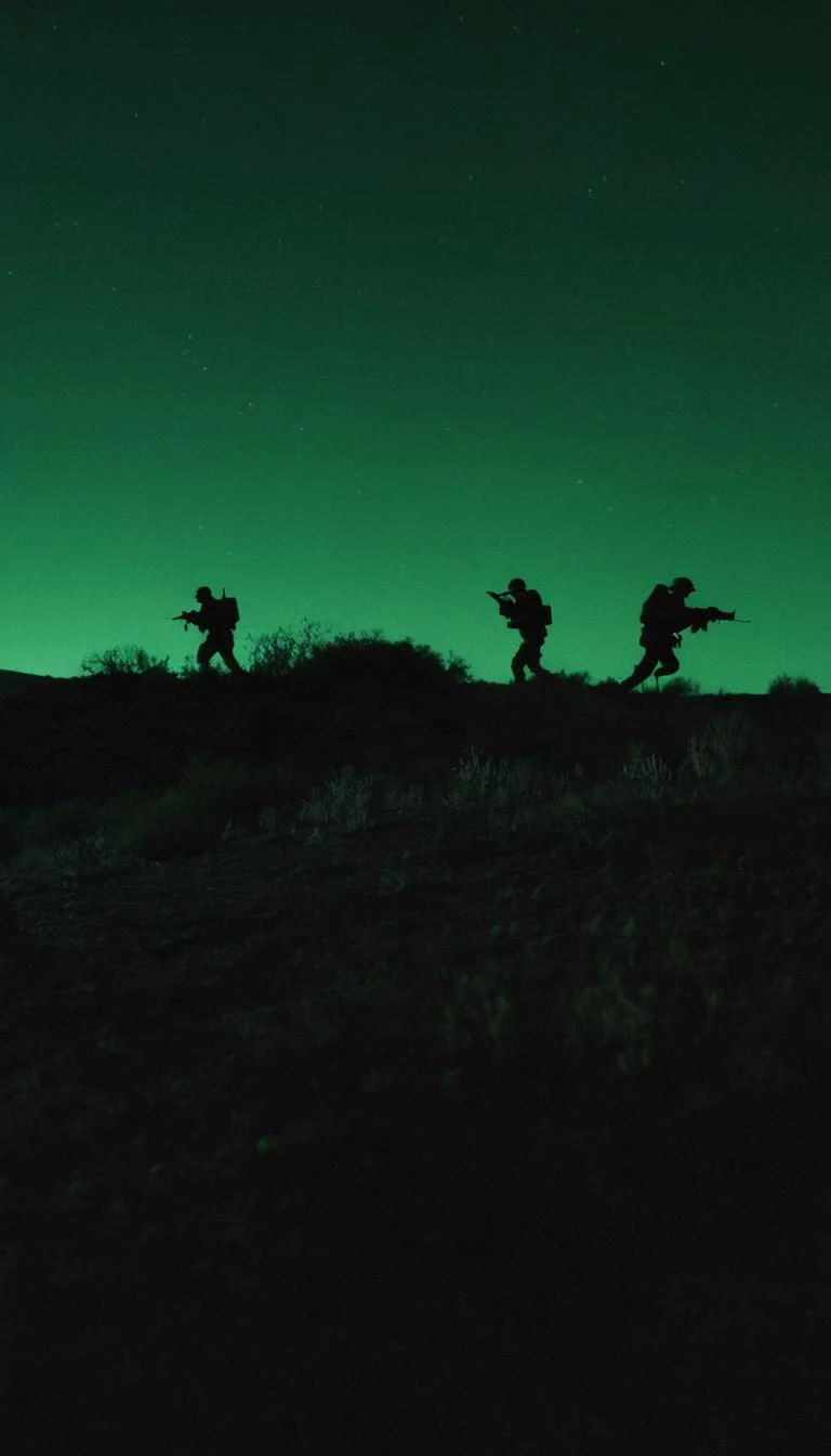 a very blurry, grainy and low resolution night vision scene with a dark green hue, close up angle, old digital camera style,intense motion blur, old analog photo, long exposure, glowing night vision, depicting a shadowy figures of soldiers in full tactical gear are running. motion blur. In the desert. Night time with a starry dark sky. The entire scene should have a blurry, grainy, low-resolution appearance of degraded night vision footage, with indistinct details and a motion blur to enhance the feeling of covert operations in a tense, secretive atmosphere. motion blur, film grain, low res, digital noise, night vision style, motion blur, helicopters, long exposure, low light <lora:- SDXL - vanta-black_contrast_V3.0:0.5> <lora:soaked_brand_pee:0.5>
