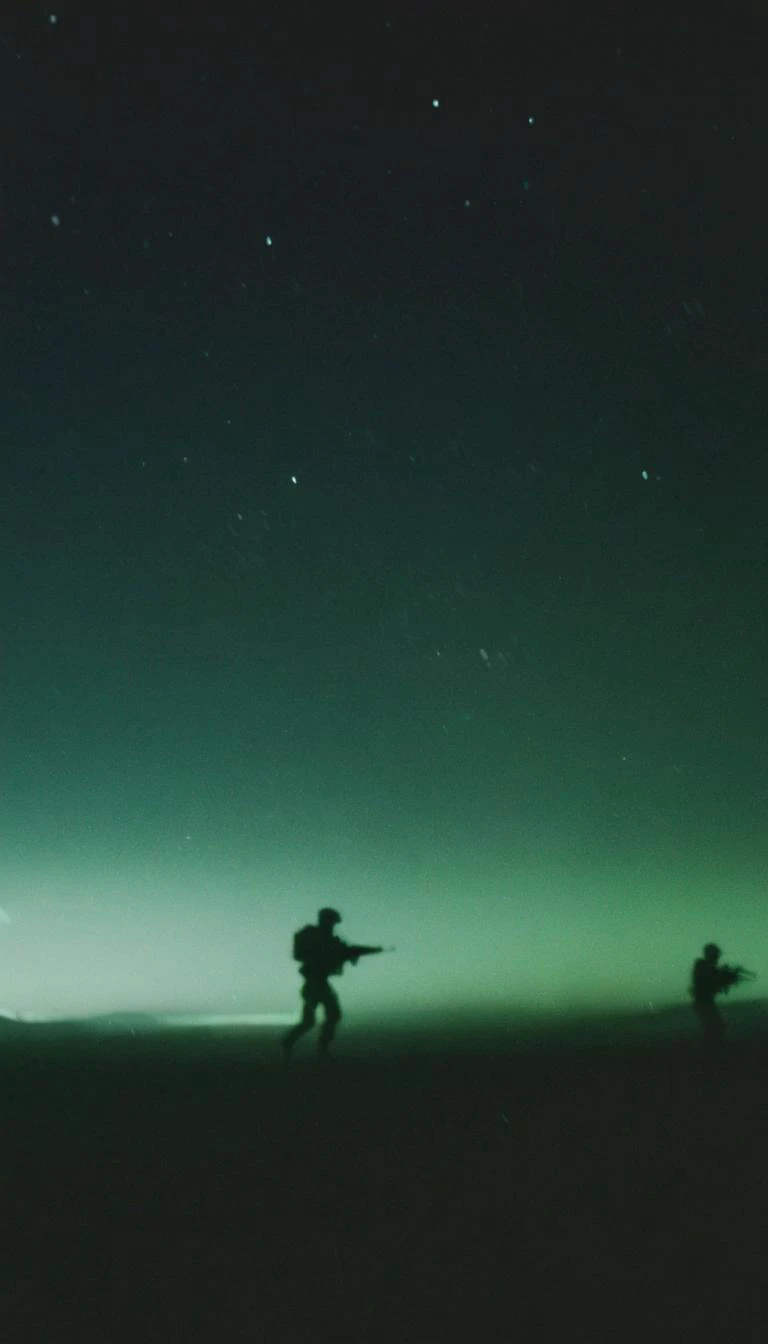a very blurry, grainy and low resolution night vision scene with a dark green hue, close up angle old digital camera style, military vehicles, intense motion blur, old analog photo, long exposure, glowing night vision, depicting a shadowy figures of soldiers in full tactical gear are running. motion blur. In the desert. Night time with a starry dark sky. The entire scene should have a blurry, grainy, low-resolution appearance of degraded night vision footage, with indistinct details and a motion blur to enhance the feeling of covert operations in a tense, secretive atmosphere. motion blur, film grain, low res, digital noise, night vision style, motion blur, helicopters, long exposure, low light <lora:- SDXL - vanta-black_contrast_V3.0:0.5> <lora:soaked_brand_pee:0.8>
