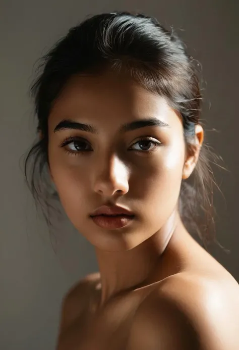 an award winning photo of a beautiful exhausted skin woman with beautiful eyes , messy bun, messy dark hair, sitting next to a window, dark lighting, deep shadows, high contrast, beautiful eyes, absurdres, 8k, (high quality:1.3), tired, sleepy, poverty, sadness, depression, artstation hd, concept art, detailed face and body, award-winning photography, (dark tan skin)
