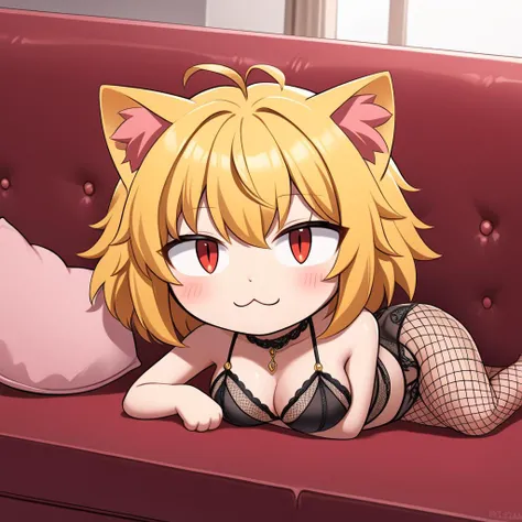 neco-arc,slit eyes,1girl,solo,cat ears,:3, yellow hair, red eyes, chibi,
breasts, couch, laying on side, lingere, fishnets, 
 <lora:xl_neco-arc(kohaku_delta):1>