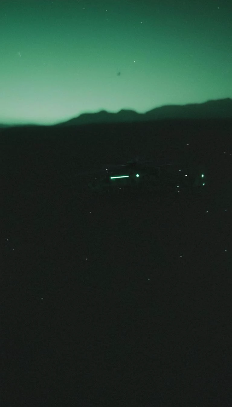 a very blurry, grainy and low resolution night vision scene with a dark green hue, old digital camera style, helicopters, intense motion blur, old analog photo, long exposure, glowing night vision, depicting a shadowy figures of soldiers in full tactical gear are running. motion blur. In the desert. Night time with a starry dark sky. The entire scene should have a blurry, grainy, low-resolution appearance of degraded night vision footage, with indistinct details and a motion blur to enhance the feeling of covert operations in a tense, secretive atmosphere. motion blur, film grain, low res, digital noise, night vision style, motion blur, helicopters, long exposure, low light <lora:- SDXL - vanta-black_contrast_V3.0:0.5> <lora:soaked_brand_pee:0.8>