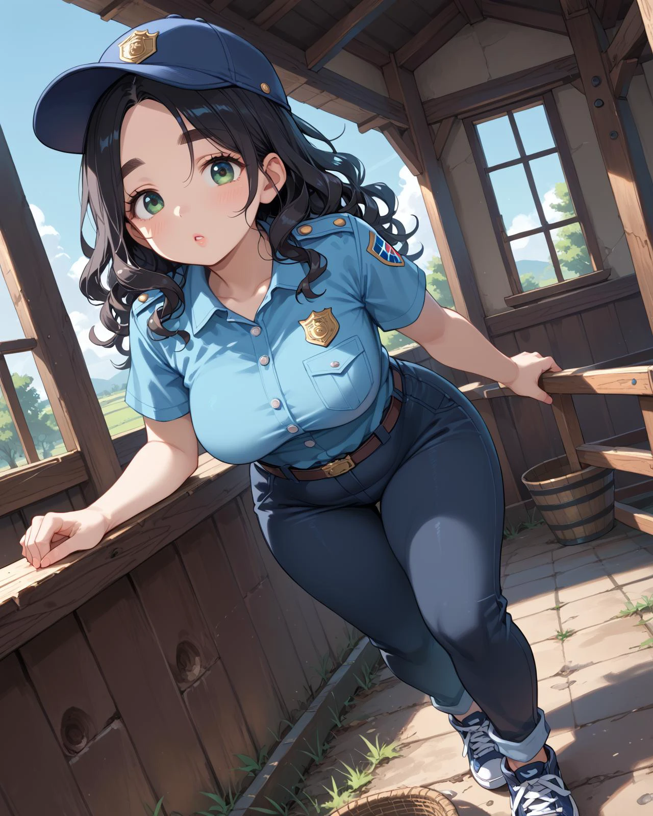 PonyScores7, source_anime, ah1, BREAK 1girl, (curly hair), long hair, (black hair:1.3), mature female, (parted hair:1.7), (round face:1.2), (fringe:-0.5), (bangs:-0.5), (hair between eyes:-0.5), (thick eyebrows), (curvy), round-chin, (greenish hazel eyes), caucasian, (downturned eyes:1.2), (plump face), <lora:ETO_OCPonyXL:0.5> eto_oc, skindentation, (plump), thick thighs, wide hips, busty, voluptuous, kinky curls, lips, <lora:venus body PonyXL:0.4>, (Confused, Unable to think clearly; bewildered), (a couple overcoming obstacles to be together), (a charming countryside farmhouse, with rustic barns, open fields, cozy interiors, pastoral setting), looking at viewer, (mimi pink *Urban patrol uniform in dark grey, fitted shirt, slim-fit pants, baseball cap, black sneakers), BREAK <lora:xl_more_art-full_v1:0.2>, <lora:shinyskin2:0.2> glistening skin, <lora:aesthetic_anime_v1s:0.2>, <lora:Expressive_H:0.2> Expressiveh, <lora:hairdetailpxl:0.2> hairdetailpxl, <lora:EpicF4nta5yXL:0.2>, <lora:detailxl:0.2> detailxl, <lora:Fant5yP0ny:0.2>, best quality, amazing quality, best aesthetic, absurdres, <lora:expressive eyes:0.2> expressive eyes, <lora:eyedetailpxl:0.2> eyedetailpxl, illustration, Volumetric_Lighting, ultra-detailed, very aesthetic, intricate details, 8k, masterpiece, best_quality, BREAK (Dutch Angle (from behind) view Close shot (focus on feet)), BREAK <lora:Eyes_High_Definition:0.3> EyesHD, Stable_Yogis_PDXL_Positives, AS-Adult, <lora:Complicated fantasy portrait - XL Pony V2.0:0.4>, bad-hands-5,