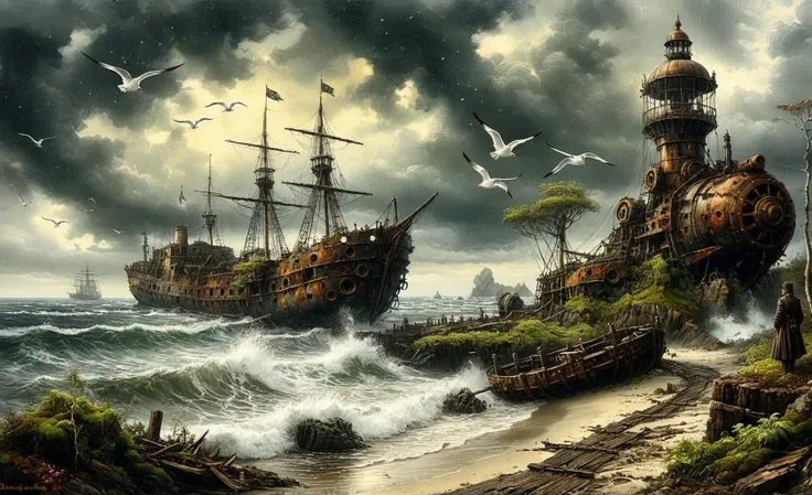 (masterpiece) a landscape picture, a path along a coast, rusty steampunk machines working at the beach, half covered in moss and plants, stormy sea, a lot of seagulls, in the sea the heavy damged wreck of a huge steampunk ship under grey sky, painting by luis royo, oil on canvas, featured on pixiv, trending on deviant art, cinematic composition, extreme detail, metahuman creator <lora:Wolvie_Concept_Tapestry_SDXL_v1.2:1>, <lora:add-detail-xl:1>, curly pixie <lora:InkArtXL_1.2:0.8> ink art, line art <lora:greg_rutkowski_xl_2:0.4> greg rutkowski <lora:tbh102-sdxl:0.4> style of Andreas Achenbach