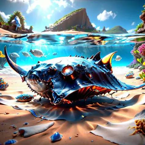 ((best quality)), ((masterpiece)), ((realistic,digital art)), (hyper detailed),teslapunkai Mountains Manta Ray,Sand Dollar,Cliff, octane rendering, raytracing, volumetric lighting, Backlit,Rim Lighting, 8K, HDR, <lora:TeslaPunkAIXLv2:1>