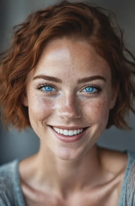 beautiful lady, (freckles), big smile, blue eyes, short hair, dark makeup, hyperdetailed photography, soft light, head and shoulders portrait, cover