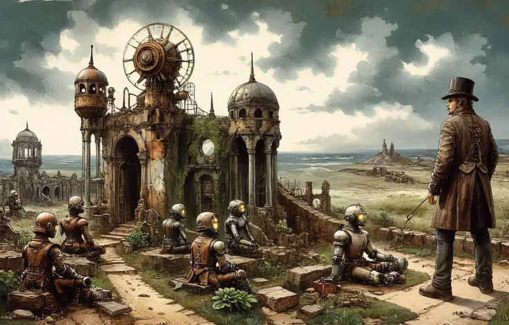 (masterpiece) a landscape picture, several people and steampunk robots following a path inside an ensemble of ancient lonian temple ruins and rusted and broken steampunk machines, half covered in moss and plants, a lot of crows, under grey sky, painting by luis royo, oil on canvas, featured on pixiv, trending on deviant art, cinematic composition, extreme detail, metahuman creator <lora:Wolvie_Concept_Tapestry_SDXL_v1.2:1>, <lora:add-detail-xl:1>, curly pixie <lora:InkArtXL_1.2:0.8> ink art, line art <lora:greg_rutkowski_xl_2:0.4> greg rutkowski <lora:tbh102-sdxl:0.4> style of Andreas Achenbach <lora:moebzxl:0.6> moebzxl, moebius, Jean Giraud