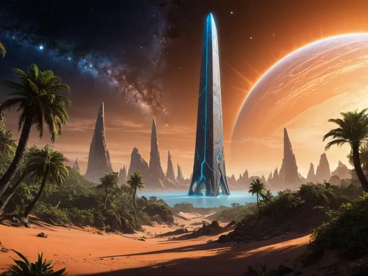 a vast labyrinthine obelisk sprouts from the luscious tropical islands of exoplanet rigel 9, <lora:DreamARTSDXL:0.33> <lora:xl_more_art-full_v1:0.5> <lora:FaeTastic:0.33>