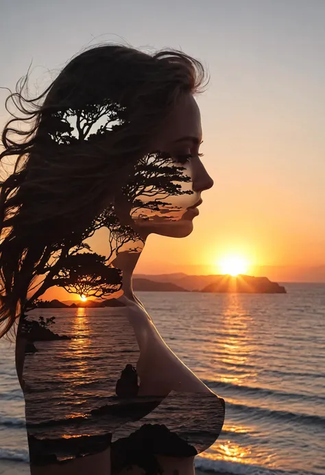 High quality, 8K Ultra HD. A beautiful double exposure that combines a goddess silhouette with a sunset coast. The sunset coast should serve as the underlying backdrop, with its details incorporated into the goddess. Crisp lines. The background is monochrome, sharp focus, double exposure, awesome full color