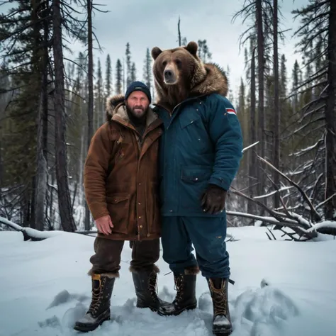 In the heart of the Russian taiga, a rugged, bear-like man stands tall beside a massive grizzly, both surveying the vast wilderness with stoic determination. The Russian Wolverine, clad in fur-lined parka and sturdy boots, shares an unspoken bond with his wild companion, their shared resilience evident in the lines etched on weathered faces. Behind them, snow-capped peaks pierce the sky, while the icy breath of winter hangs in the air. With a nod to his furry friend, the Russian Wolverine embodies the spirit of the untamed wilderness, where man and beast coexist in a timeless dance of survival and harmony.
4k, high details
