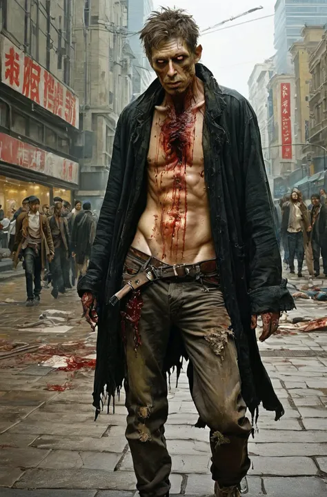 portrait full body Zombie, wandering through the city, very beautiful zombie, ripped clothes, bloody , city square, by gaston bussiere, greg rutkowski, yoji shinkawa, yoshitaka amano, tsutomu nihei, donato giancola, tim hildebrandt, oil on canvas, trending on artstation, featured on pixiv, cinematic composition, extreme detail, metahuman creator