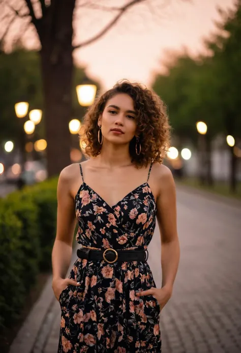 Midshot, woman, dusk setting, outdoor, floral dress, black belt, standing, bokeh background, street lights, tree-lined pathway, medium shot, contemplative expression, curly hair, natural makeup, hoop earrings, hand in pocket, warm color tone, blurred background, shallow depth of field, fashionable attire, young adult, dusk lighting