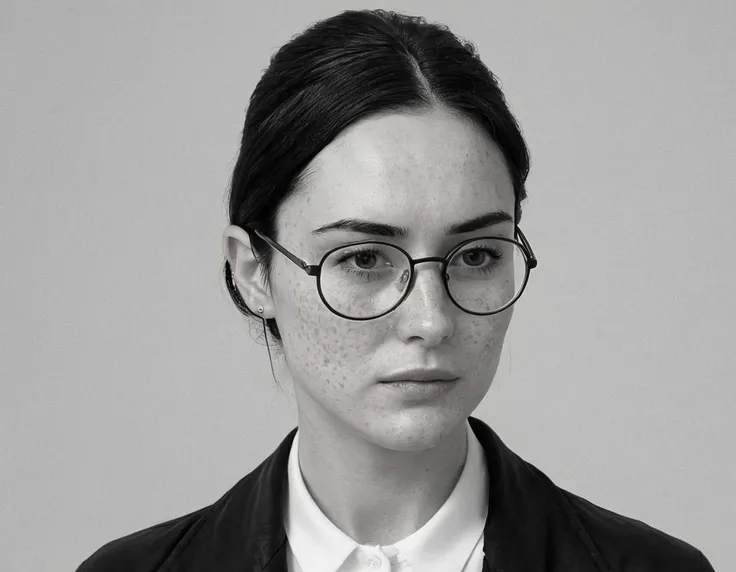 monochrome The black and white portrait features a woman with a calm and contemplative expression, (looking downwards:1.5). She has straight, medium-length hair that falls past her shoulders, parted in the middle. The woman wears glasses with a thin, dark frame that rest comfortably on her face. Her skin shows natural freckles across her cheeks and nose, adding texture and detail to her complexion . black and white, contrast, tone, texture, detailed, She is dressed in a zip-up jacket with visible stitching along the collar and a zipper slightly open at the top. A small hoop earring is visible on her left ear. The background is softly out of focus, ensuring attention remains on the subject. The overall lighting is even, highlighting her facial features and giving the image a serene and candid atmosphere