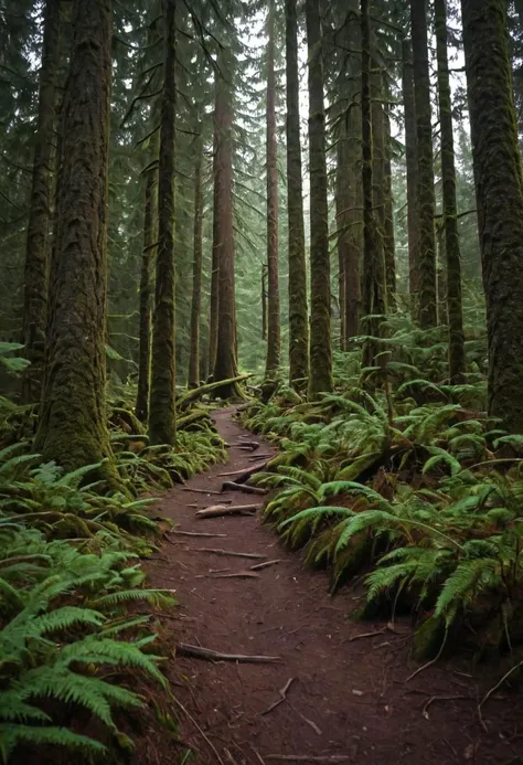 pacific northwest forest, camp, hiking trail, cinematic nature photography