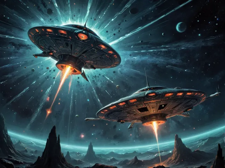 a pair of alien starships battle in the abyss OF SPACE, starblazer comics, stellar constellation, darkest night, 70s retro futurism, deep space sci-fi, incredible artistic composion, 8K, masterpiece, <lora:xl_more_art-full_v1:0.5>, <lora:FaeTastic:0.35> <lora:concept_art_syd_mead:0.6>