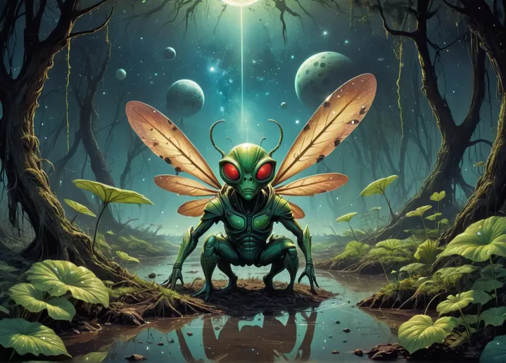 a bizarre alien in a swamp trench, enormous leaves, starblazer comics, lunar bug, stellar constellation, 70s retro futurism, deep space sci-fi, incredible artistic composition, 8K, masterpiece, <lora:xl_more_art-full_v1:0.5>, <lora:FaeTastic:0.35>