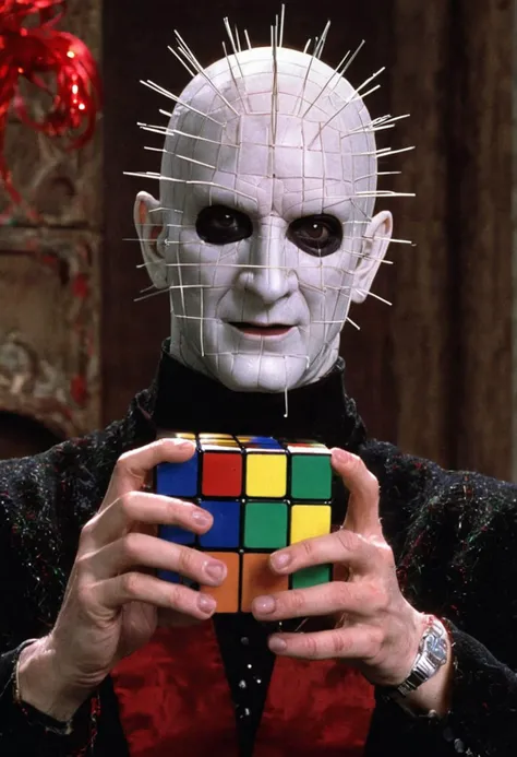 Pinhead from Hellraiser recieves a rubik's cube on Christmas and is lifts it up triumphantly.