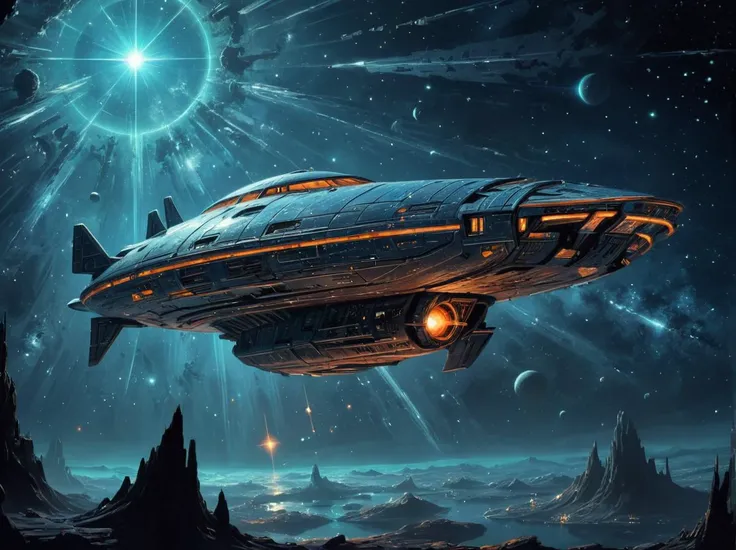 a mysterious starship in the abyss OF SPACE, starblazer comics, stellar constellation, darkest night, 70s retro futurism, deep space sci-fi, incredible artistic composion, 8K, masterpiece, <lora:xl_more_art-full_v1:0.5>, <lora:FaeTastic:0.35> <lora:concept_art_syd_mead:0.6>