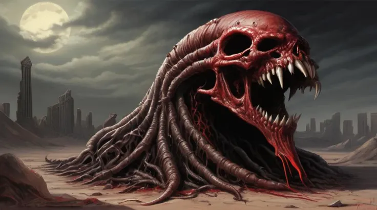 The Worm that Walks is hideous. Standing over 30 feet tall
and composed of writhing maggots and worms held together
by pure hatred, it has the shape of a tall giant. Each worm
making up its form contains a fragment of Kyussâs personality,
so when combined it functions as Kyuss did in life.
Although the Worm that Walks has little need for modesty,
it hides its gruesomeness beneath a blackened cloak made
from the flayed hides of those Kyuss sacrifi ced before his
transformation. The light from two blazing red eyes pierces
forth from under the hood.
Kyuss discovered the ruins of a dead civilization. The
structures that remained bore many strange writings, depictions
of human sacrifi ce, and six-armed tyrants ruling over
all. Kyuss claimed this site for his own and commanded his
people to rebuild the city from the wreckage.