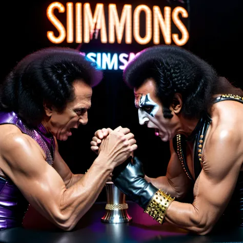 color 4k <lora:!action-sdxl-V0.5:0.7> photo masterpiece of neon spandex Richard Simmons and studded leather Gene Simmons sitting at a table and arm-wrestling , above is a large award banner that says "SIMMONS" , <lora:filmicVibesXL_v1.1:0.5> filmic <lora:xl_real_beta1:0.6> <lora:sdxl_darkflash_V1-step00000800:0.7> very dark focused flash photo