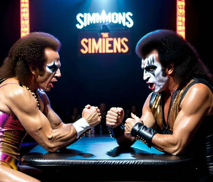 color 4k <lora:!action-sdxl-V0.5:0.7> photo masterpiece of neon spandex Richard Simmons and studded leather Gene Simmons sitting at a table and arm-wrestling , above is a large award banner that says "SIMMONS" , <lora:filmicVibesXL_v1.1:0.5> filmic <lora:xl_real_beta1:0.6> <lora:sdxl_darkflash_V1-step00000800:0.7> very dark focused flash photo