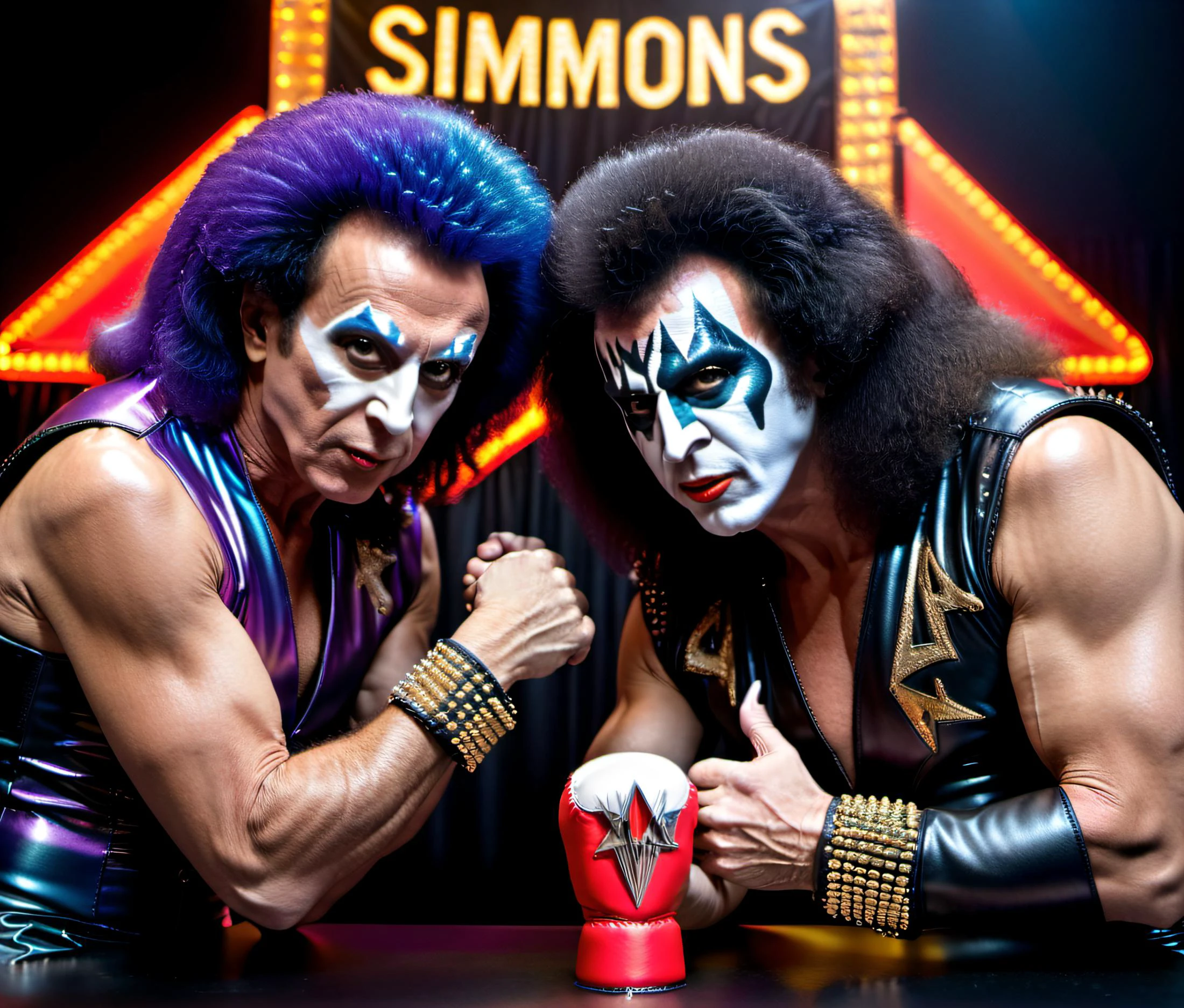 color 4k <lora:!action-sdxl-V0.5:0.7> photo masterpiece of neon spandex Richard Simmons and studded leather Gene Simmons sitting at a table and arm-wrestling , above is a large award banner that says "SIMMONS" , <lora:filmicVibesXL_v1.1:0.5> filmic <lora:xl_real_beta1:0.6> <lora:sdxl_darkflash_V1-step00000800:0.7> very dark focused flash photo